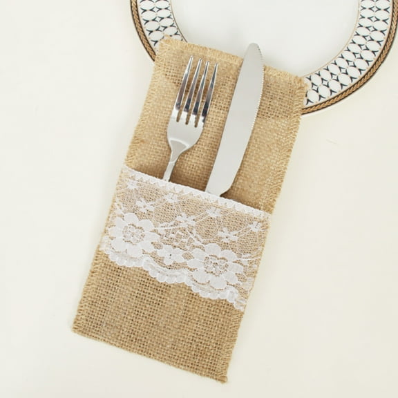JGJJUGN Jute Lace Cutlery Storage Bag, Silverware Pouch, Napkin Holder, Rustic Tableware Organizer, Wedding Decor, Party Supplies, Khaki Linen Utensil Holder, Elegant Event Accessory