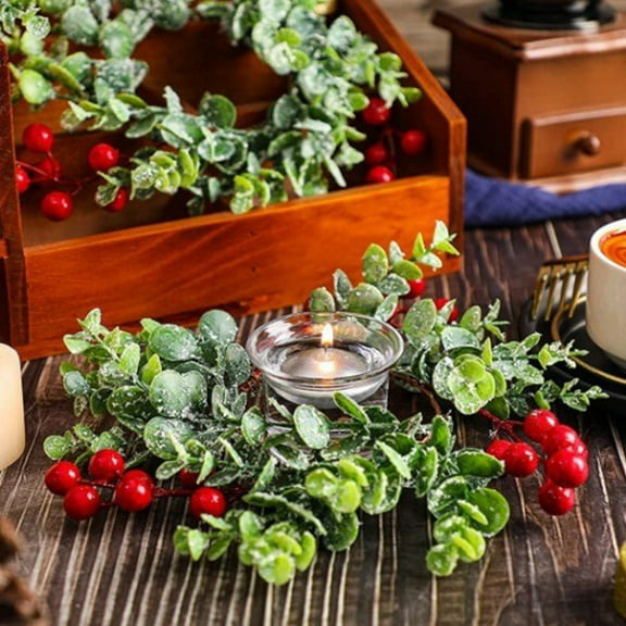 JGJJUGN Mini Red Berry Christmas Candle Ring Garland | Eucalyptus Decor | Holiday Centerpiece for Table & Kitchen Cabinets | Winter Decoration