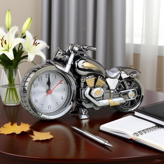 JGJJUGN Motorcycle Model Alarm Clock, Vintage Decorative Clock, Unique Desk Clock for Home and Office, Stylish Tabletop Clock in Gray and Gold, Ideal Gift for Any Occasion, Durable Plastic Design