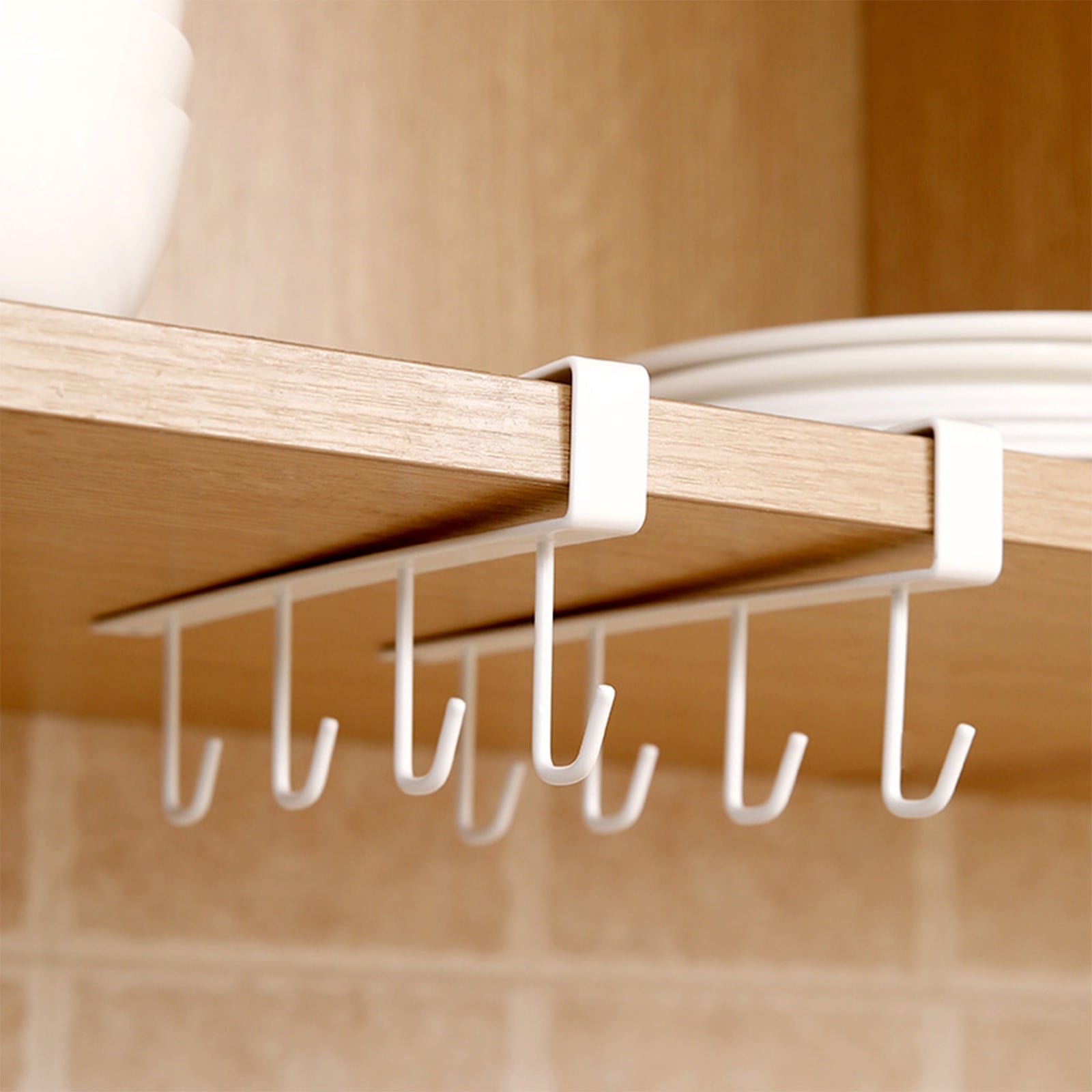 JGJJUGN No-Drill 4-Hook Kitchen Cabinet Organizer Rack, Space-Saving Cabinet Door Storage Shelf for Utensils, White Iron Overdoor Kitchen Storage Hanging Rack