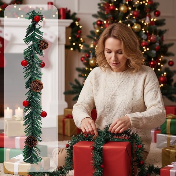 JGJJUGN Red Berry and Pinecone Christmas Garland Decoration, Festive Holiday Wreath, Faux Pine Garland, Christmas Decor for Gift Wrapping, Mantel or Stair Railing, 35cm/13.7in