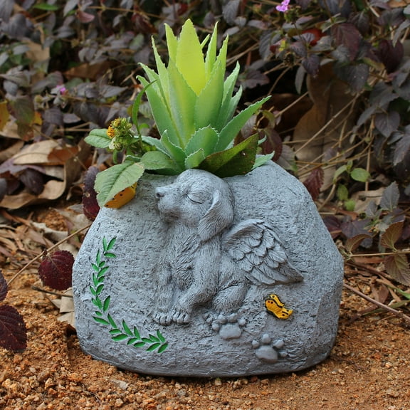 JGJJUGN Resin Pet Dog Memorial Flower Pot | Creative Memorial Planter | Dog Grave Marker | Outdoor Indoor Decorative Planter | Unique Tribute for Pet Loss | Gray Color, 15.5x12.5cm