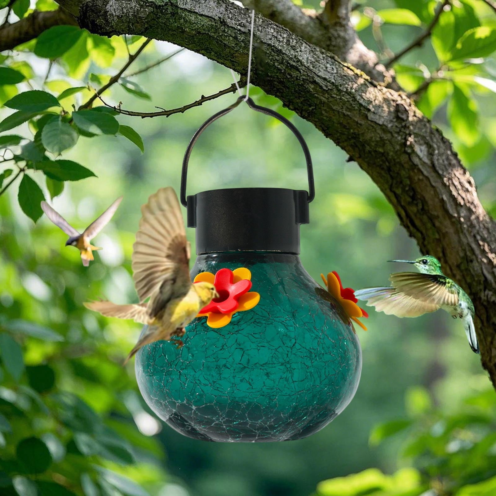 JGJJUGN Solar Lighted Hummingbird Feeder Hanging Bird Feeder Outdoor Decoration Bird Water Dispenser Garden Decoration Solar Powered Bird Feeder for Patios and Yards