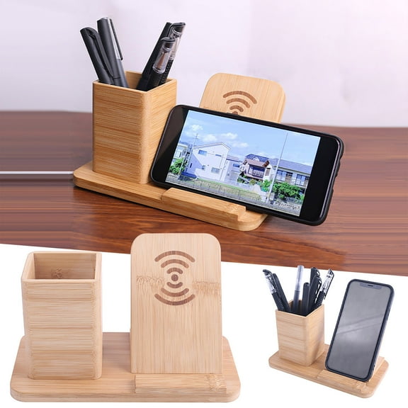 JGJJUGN Solid Wood Wireless Charging Pen Holder, Modern Desktop Organizer, Multifunctional Phone Dock, 10W Wireless Charger, Maple Wood Tabletop Storage for Office & Home