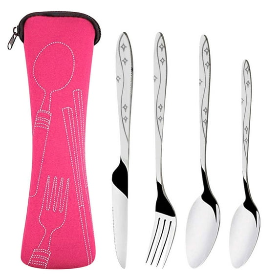 JGJJUGN Stainless Steel Cutlery Set 4 Pcs Fork Knife Spoon with Carrying Case Portable Tableware Ideal for Travel Camping Picnic