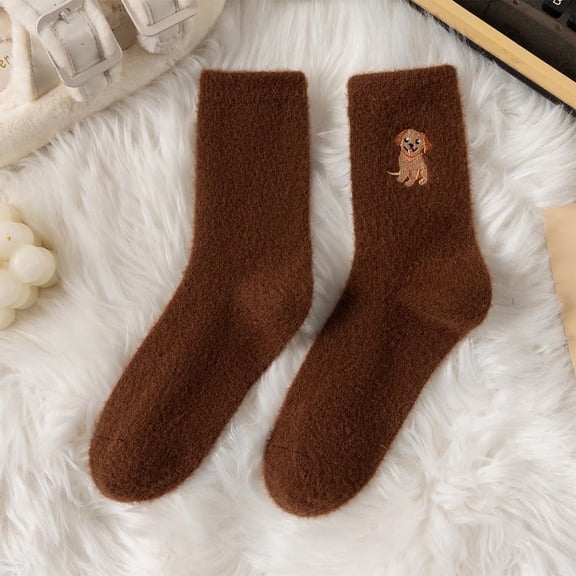 JGJJUGN Women Winter Fleece-Lined Mid-Calf Cozy Socks, Thick Warm Sleep Socks, Cute Embroidered Puppy Design, Plush Fuzzy Thermal Socks for Home & Relaxation