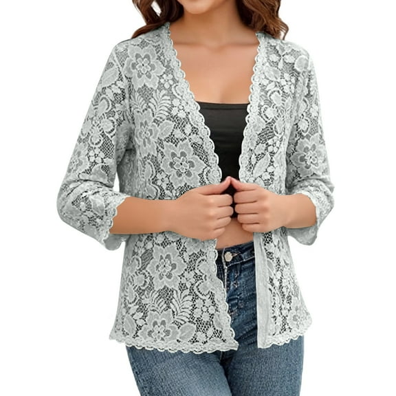 JGNGSHN 2025 Women's 3/4 Sleeve Crochet Knit Cardigan Cropped Shrug Bolero Lightweight Sweaters