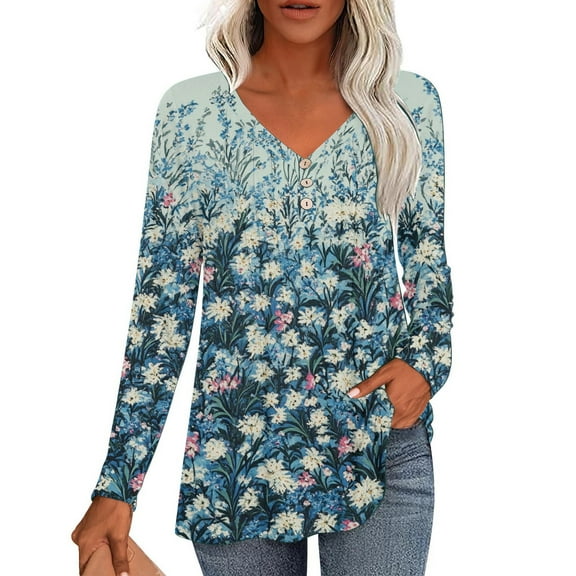 JGNGSHN 2025 Womens Spring Tops Casual Button V Neck T-Shirts Long Sleeve Pleated Floral Print Blouse