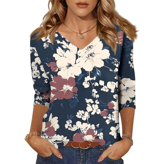 JGNGSHN 3/4 Length Sleeve Womens Tops Plus Size Shirt Dressy Casual Tunic Shirts V Neck Fall Top Floral Print Blosues