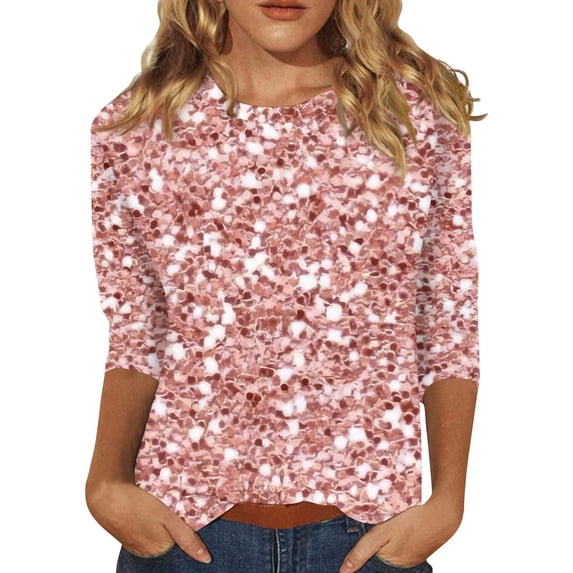 JGNGSHN 3/4 Sleeve Sequin Tops for Women Trendy Crewneck Party Shimmer Embellished Shirts Sparkle Glitter Party Puff Tunic Top Blouse