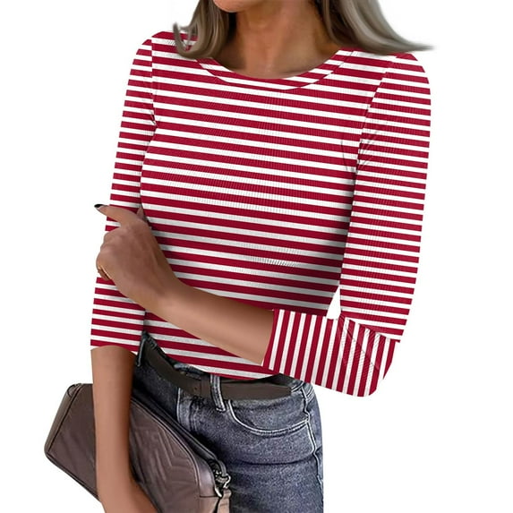 JGNGSHN 3/4 Sleeve Tops for Women Soft Knit Ribbed T Shirts Basic Slim Fit Stretch Tees Casual Crew Neck Blouse XL