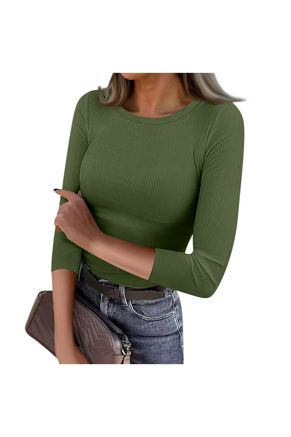 3/4 Sleeve Tops for Women Soft Knit Ribbed T Shirts Basic Slim Fit Stretch Tees Casual Crew Neck Blouse XL
