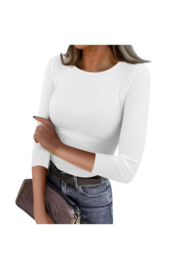 3/4 Sleeve Tops for Women, Trendy Crew Neck Ribbed Three Quarter Sleeve Summer Fall Slim T-Shirts Casual Basic Tees M