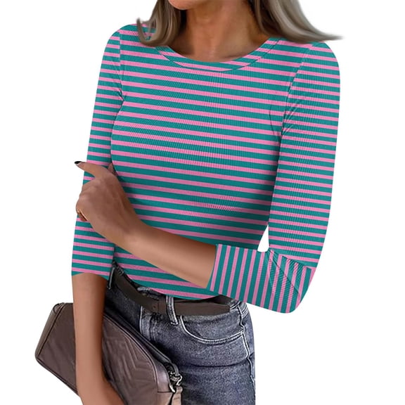 JGNGSHN 3/4 Sleeve Tops for Women Trendy Stripe Print Crew Neck Ribbed Three Quarter Sleeve Summer Fall Slim T-Shirts Basic Tees M