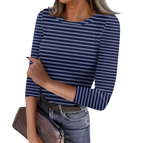 JGNGSHN 3/4 Sleeve Tops for Women Trendy Stripe Print Crew Neck Ribbed Three Quarter Sleeve Summer Fall Slim T-Shirts Basic Tees M