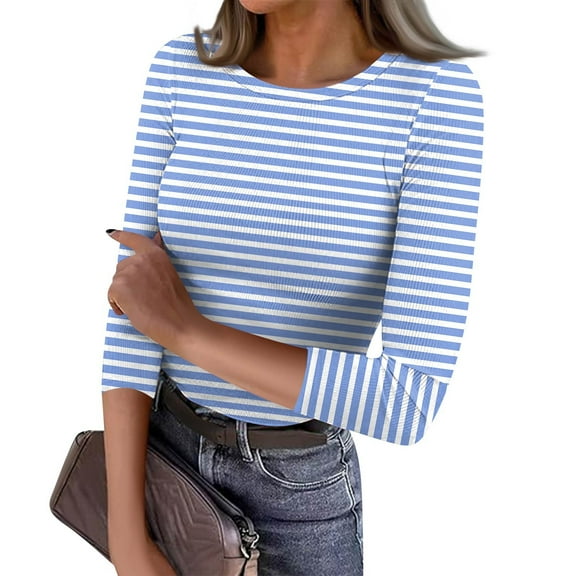 JGNGSHN 3/4 Sleeve Tops for Women Trendy Stripe Print Crew Neck Ribbed Three Quarter Sleeve Summer Fall Slim T-Shirts Basic Tees M