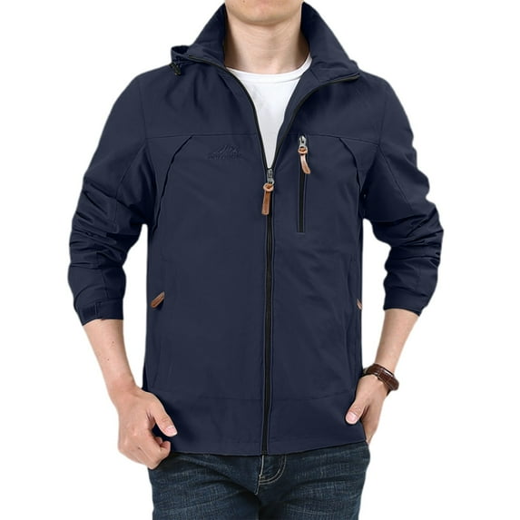 JGNGSHN Black Jackets for Men Multi Pockets Resistant Windbreaker Waterproof Rain Jackets Zip Up Coat with Velcro Fastened Cuffs