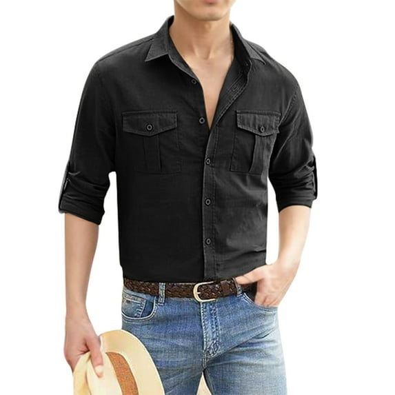 JGNGSHN Fishing Shirt for Men, Long Sleeve Cotton Linen Button Down Shirts, Tactical Shirt Button Up, Work T-Shirt Lightweight Safari, Summer Beach Tees
