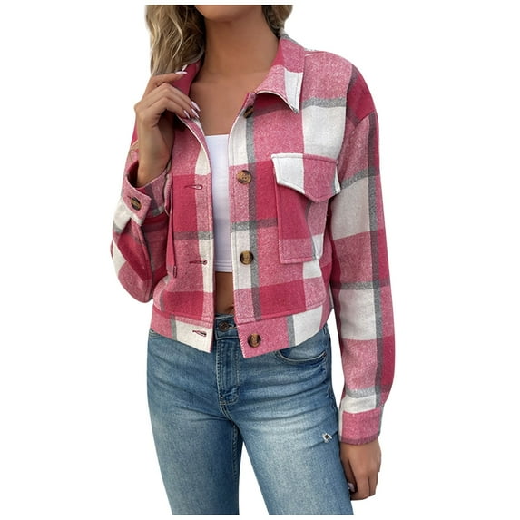 JGNGSHN Flannel Shirt Women Button Down Long Sleeve Cropped Jacket Plaid Shackets Fall Winter Cardigan Coat Tops with Lapel Pockets