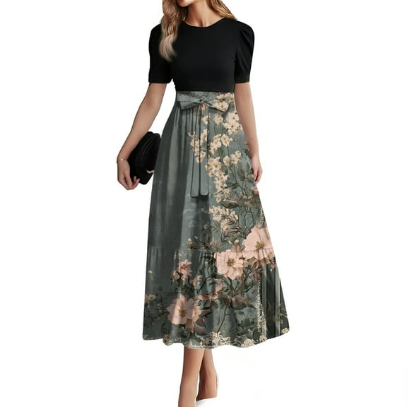 JGNGSHN Floral Maxi Dresses for Women 2025 Short Sleeve Summer Dress Spring Crewneck Elegant Patchwork Boho Beach Sundress Plus Size Flowy Swing Empire Waist Sundresses