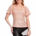 thumbnail image 1 of JGNGSHN Glitter Sequin Square Neck Blouse for Women – Short Puff Sleeve Sparkly Top for Parties, Events, Clubwear & More Light pink M, 1 of 4