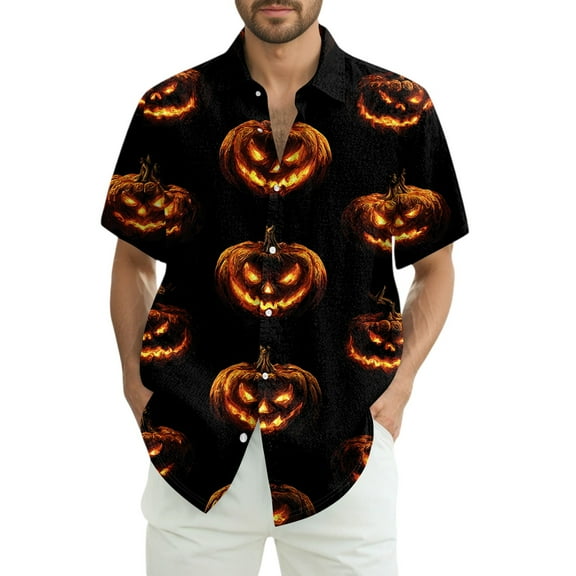 JGNGSHN Halloween Button Down Shirt for Men Casual Short Sleeve Hawaiian Shirt Colorful Funny Pumpkins Printed T-Shirt Summer Fall Clothes