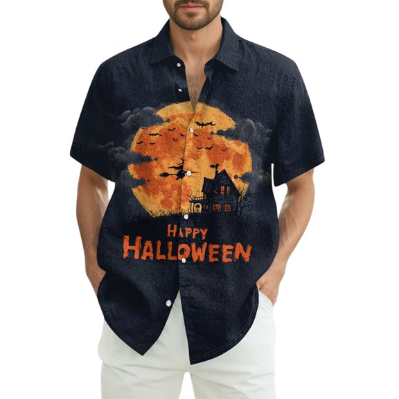JGNGSHN Halloween Costumes for Men Scary Horror Skull Printed Short Sleeve Button Down Hawaiian Holiday Shirts Fall Clothes Trendy