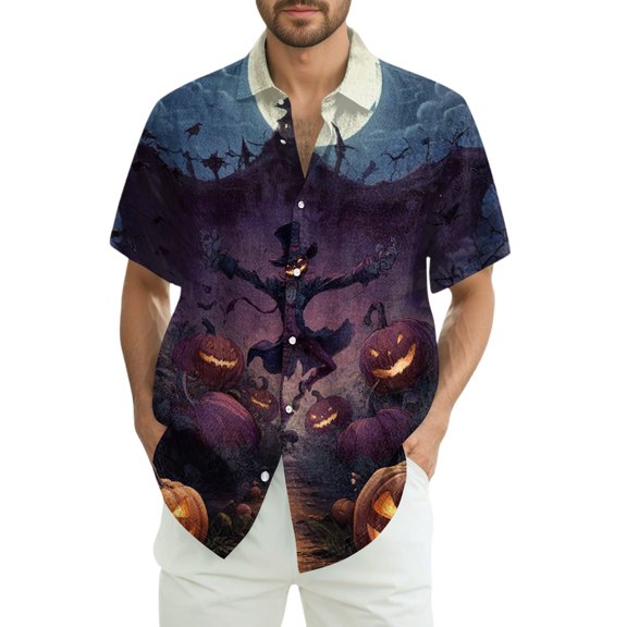 JGNGSHN Halloween Costumes for Men Short Sleeve Button Down Hawaiian Holiday Beach Shirts Colorful Funny Pumpkins Printed Tees Thanksgiving Shirt