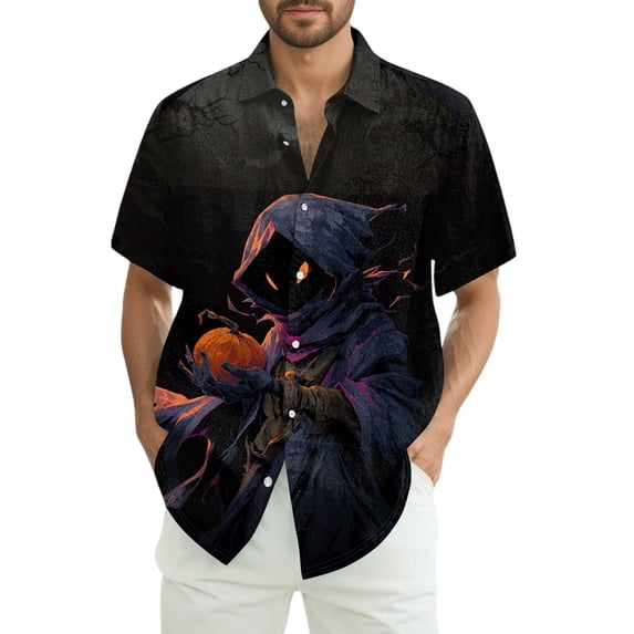 JGNGSHN Halloween Costumes for Men Short Sleeve Button Down Holiday Vocation Beach Shirts Cute Pumpkins Printed Tees Thanksgiving Shirt