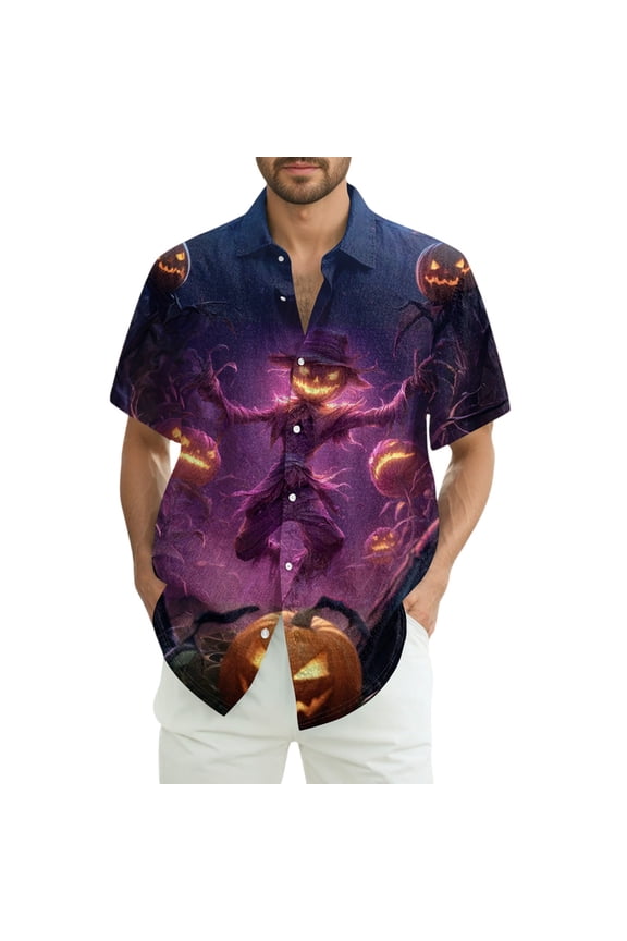 Halloween Costumes for Men Short Sleeve Button Down Holiday Vocation Beach Shirts Funny Pumpkins Skull Print T-Shirt