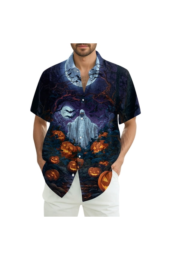 Halloween Costumes for Men Short Sleeve Button Up Hawaiian Holiday Shirts Colorful Funny Skull Printed Tees Thanksgiving Shirt