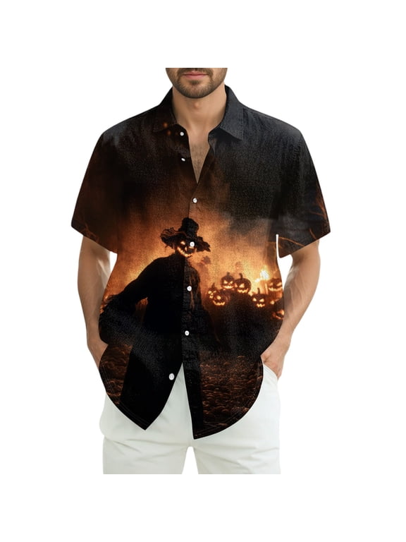 2025 Halloween Costumes for Men Short Sleeve Button Up Holiday Vocation Shirts Funny Pumpkins Printed Tees