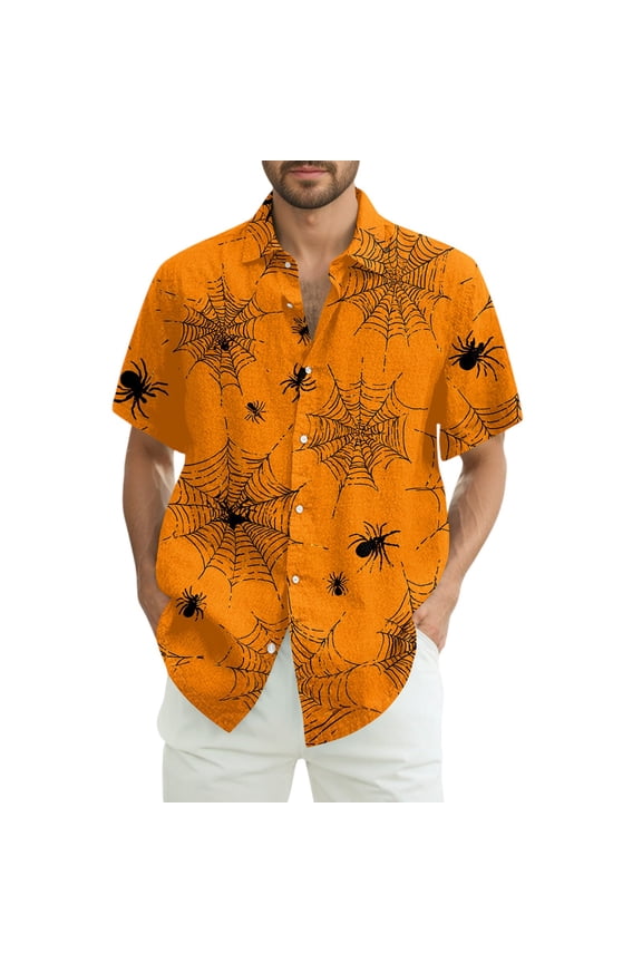 Halloween Shirt Men Fun Pumpkins Skull Button Down Short Sleeve Holiday Vocation Shirt Scary Horror Summer Fall Clothes