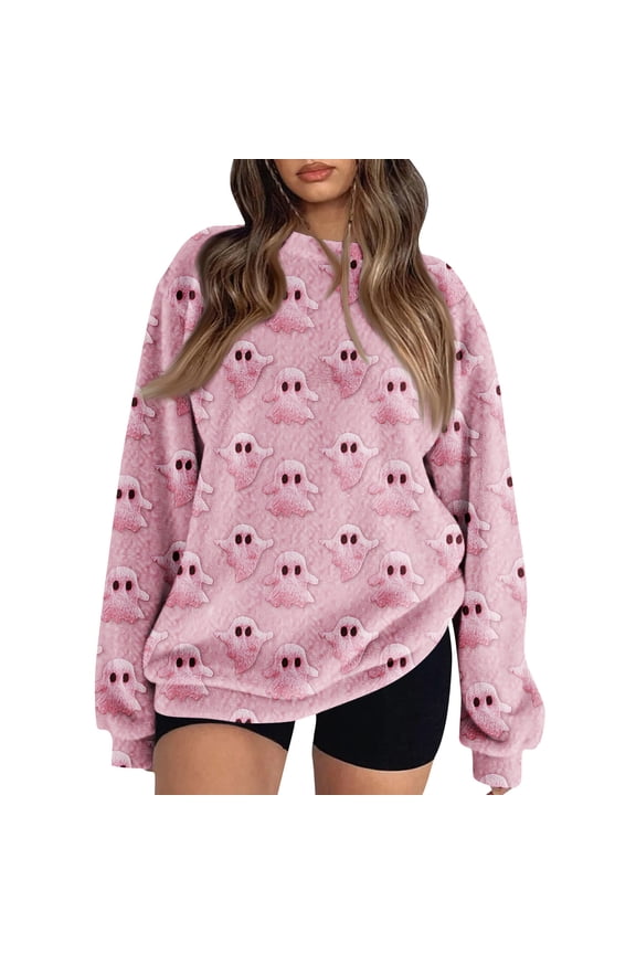 Halloween Sweatshirt Women Cute Spooky Season Sweatshirt Ghost Fall Flannel Sweater Pullover Top