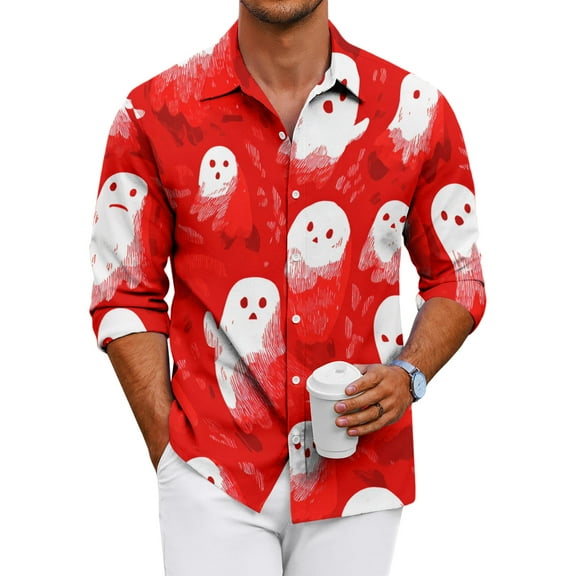 JGNGSHN Halloween Tshirts for Men Long Sleeve Funny Spooky Season Cute Ghost Graphic Shirt Fashion Casual Tees Fall Clothes