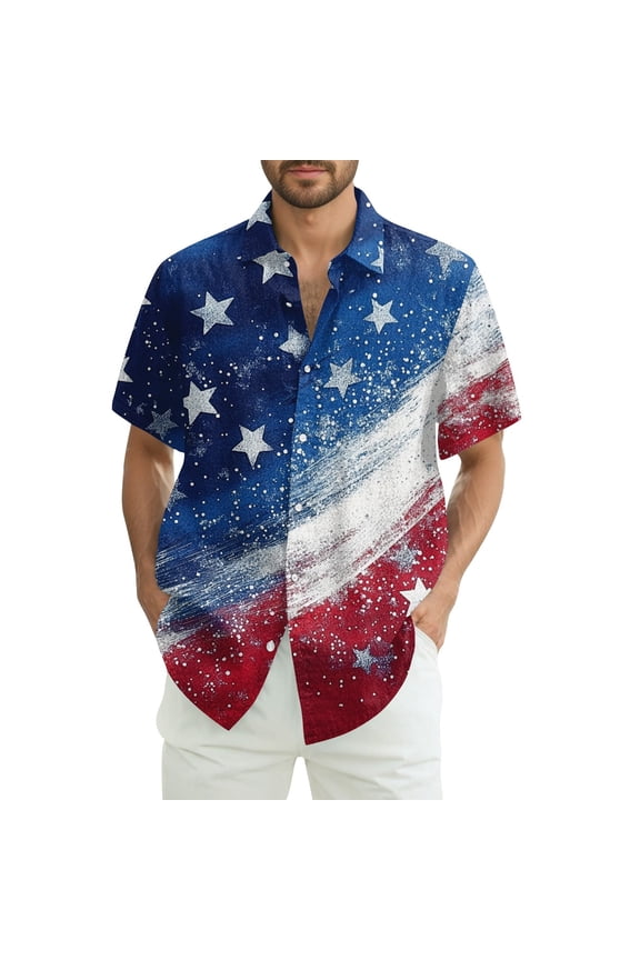 Hawaiian Shirts for Men Patriotic 4th July Shirt Short Sleeve Button Down T-Shirts Casual American Flag Print Summer Beach Shirt