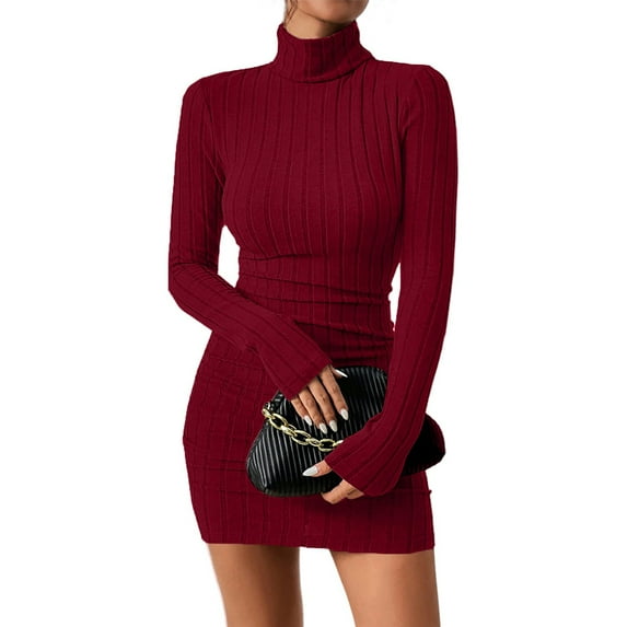 JGNGSHN High Collar Slim Knit Sweater Dress Temperament Bust Hip Package Dress for Women Outfits
