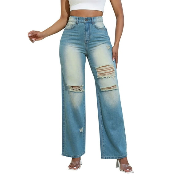 JGNGSHN High Waisted Ripped Barrel Jeans for Women Trendy Blue Washed Straight Distressed Denim Pant
