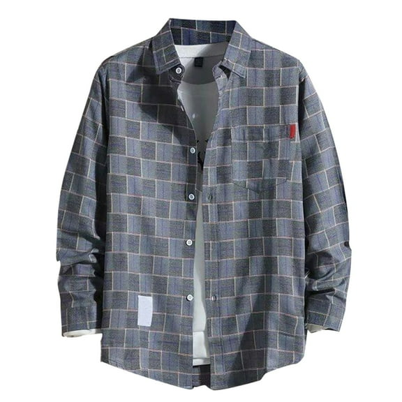 JGNGSHN Jackets for Men Long Sleeve Plaid Shirts Casual Button Down Shirt with Chest Pocket Lapel Collar Coat