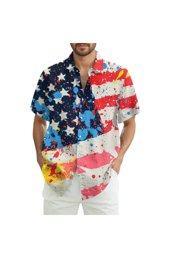 July 4th Independence Day T Shirts for Man Casual Short Sleeve Button Down Shirts Stars Stripes Printed Independence Day Summer Beach Shirt