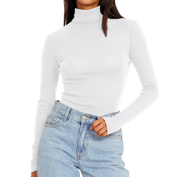 JGNGSHN Long Sleeve Blouses for Women 2025 Fall Turtleneck Slim Fit Lightweight Underwear Tops Soft Solid Tee Shirt White