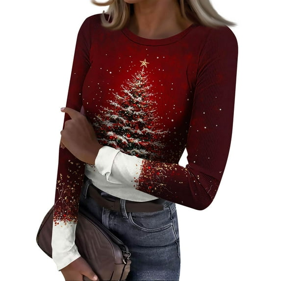 JGNGSHN Long Sleeve Christmas Shirts for Women Stretchy Fitted Round Crew Ribbed Knit Tunic Tops Floral Print Tee Shirt 2025 Fall Clothes