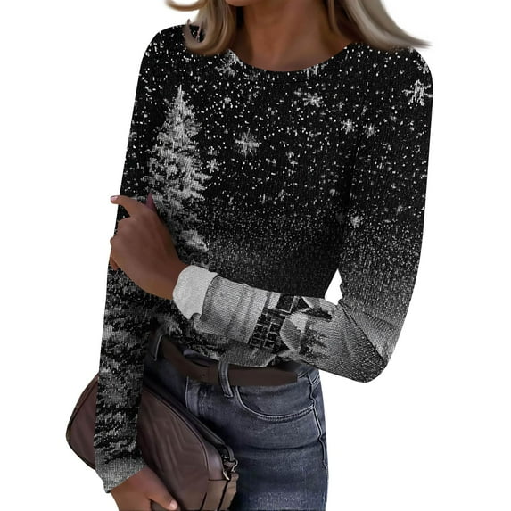 JGNGSHN Long Sleeve Christmas Undershirt for Women Stretchy Fitted Round Crew Ribbed Tops Print Tees Going Out Workout Outfits