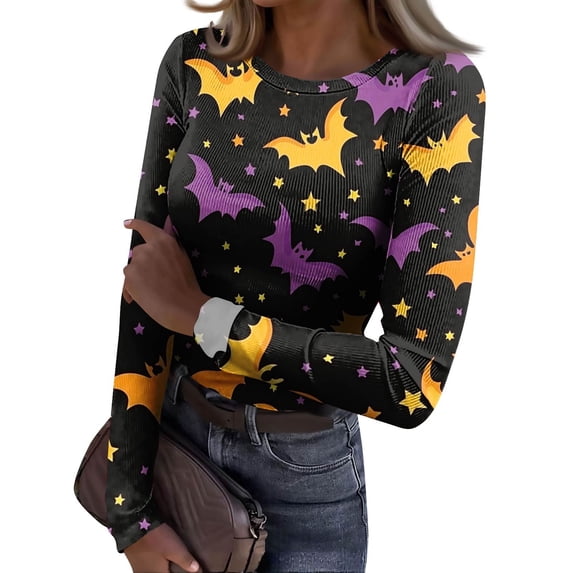 JGNGSHN Long Sleeve Halloween Undershirt for Women Casual Crew Neck Stretchy Fitted Ribbed Knit Fun Pumpkins Skull Printed T-Shirt