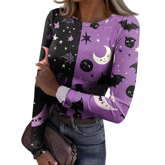 JGNGSHN Long Sleeve Halloween Undershirt for Women Soft Crewneck Slim Fitted Stretchy Ribbed Trendy Skull Printed Tees