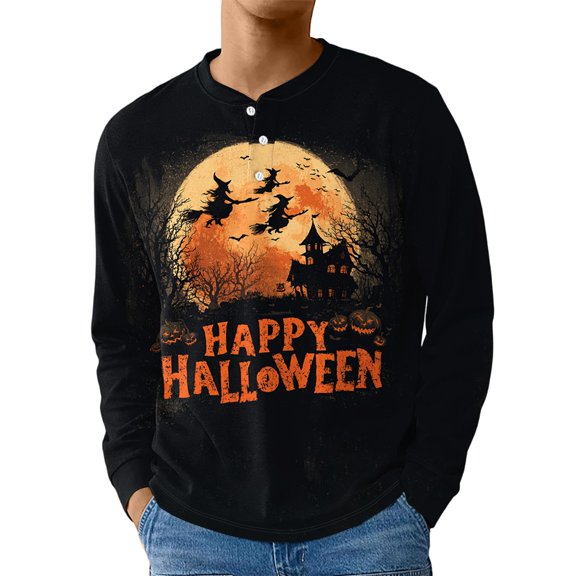 JGNGSHN Long Sleeve Henley Shirts for Men 2025 Halloween Big And Tall T-Shirt Lightweight Tops Fall Clothes Trendy