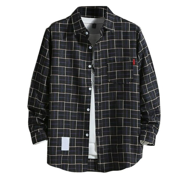 JGNGSHN Long Sleeve Plaid Shirt for Men Button Down Casual Loose Fit Flannel Spring Fall Lapel Shirts with Pocket