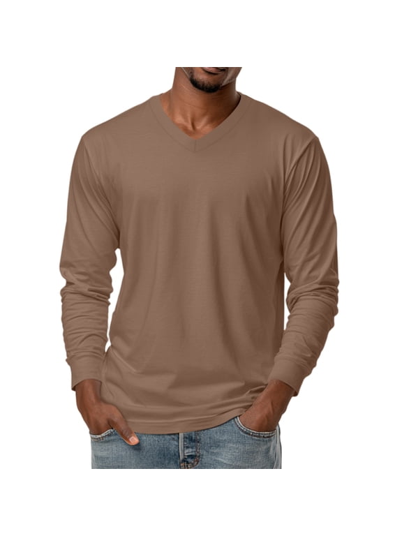 Long Sleeve Shirts for Men Solid Color V-Neck T Shirt Slim Stretch Basic Tees