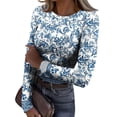 thumbnail image 1 of JGNGSHN Long Sleeve Shirts for Women Slim Fitted Stretchy Round Crew Ribbed Tops Printed T-Shirt Going Out Workout Outfits, 1 of 7