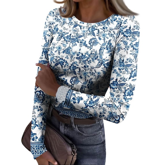 JGNGSHN Long Sleeve Shirts for Women Slim Fitted Stretchy Round Crew Ribbed Tops Printed T-Shirt Going Out Workout Outfits